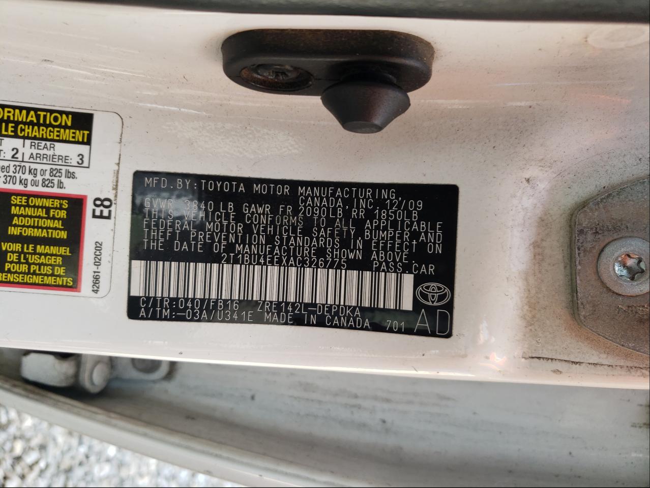 Photo 10 from auction – 2010 TOYOTA COROLLA BA with VIN 2T1BU4EEXAC326775