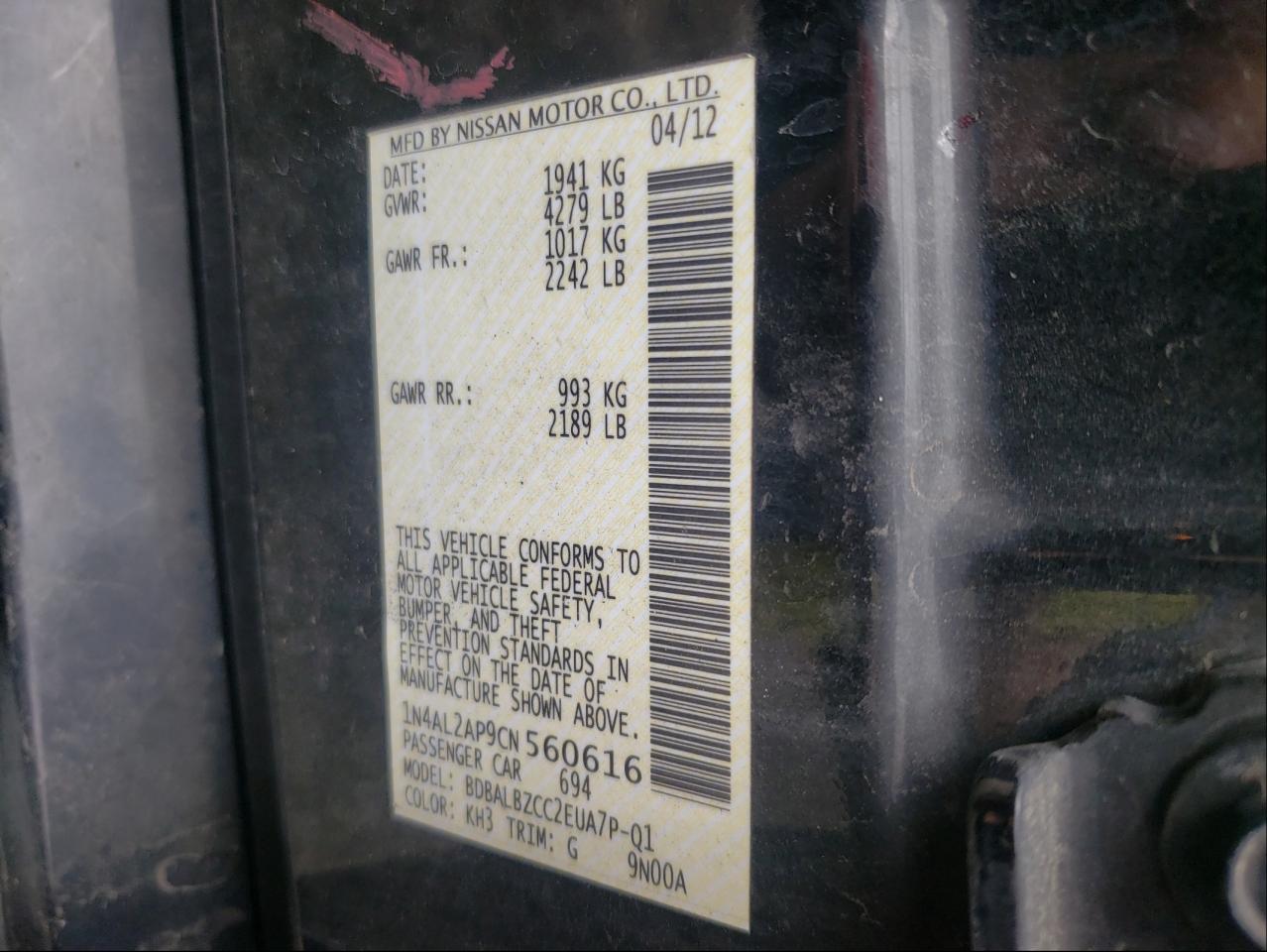 Photo 10 from auction – 2012 NISSAN ALTIMA BAS with VIN 1N4AL2AP9CN560616