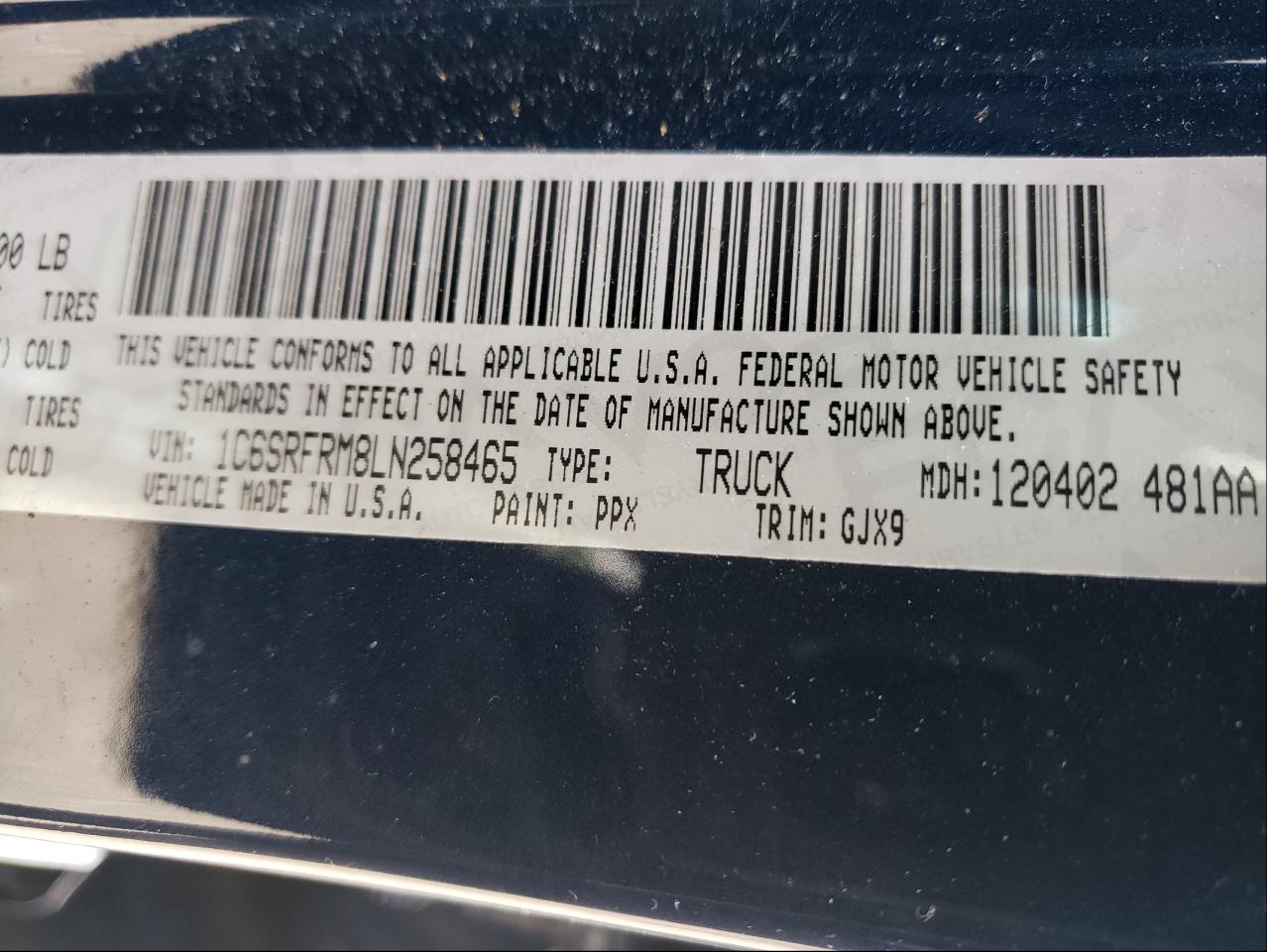 Photo 10 from auction – 2020 RAM 1500 LARAM with VIN 1C6SRFRM8LN258465