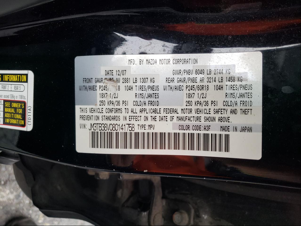 Photo 10 from auction – 2008 MAZDA CX-9 with VIN JM3TB38V080141758