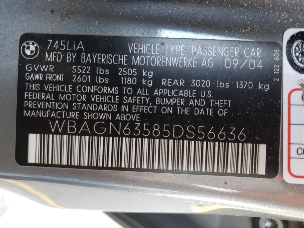 Photo 10 from auction – 2005 BMW 745 LI with VIN WBAGN63585DS56636