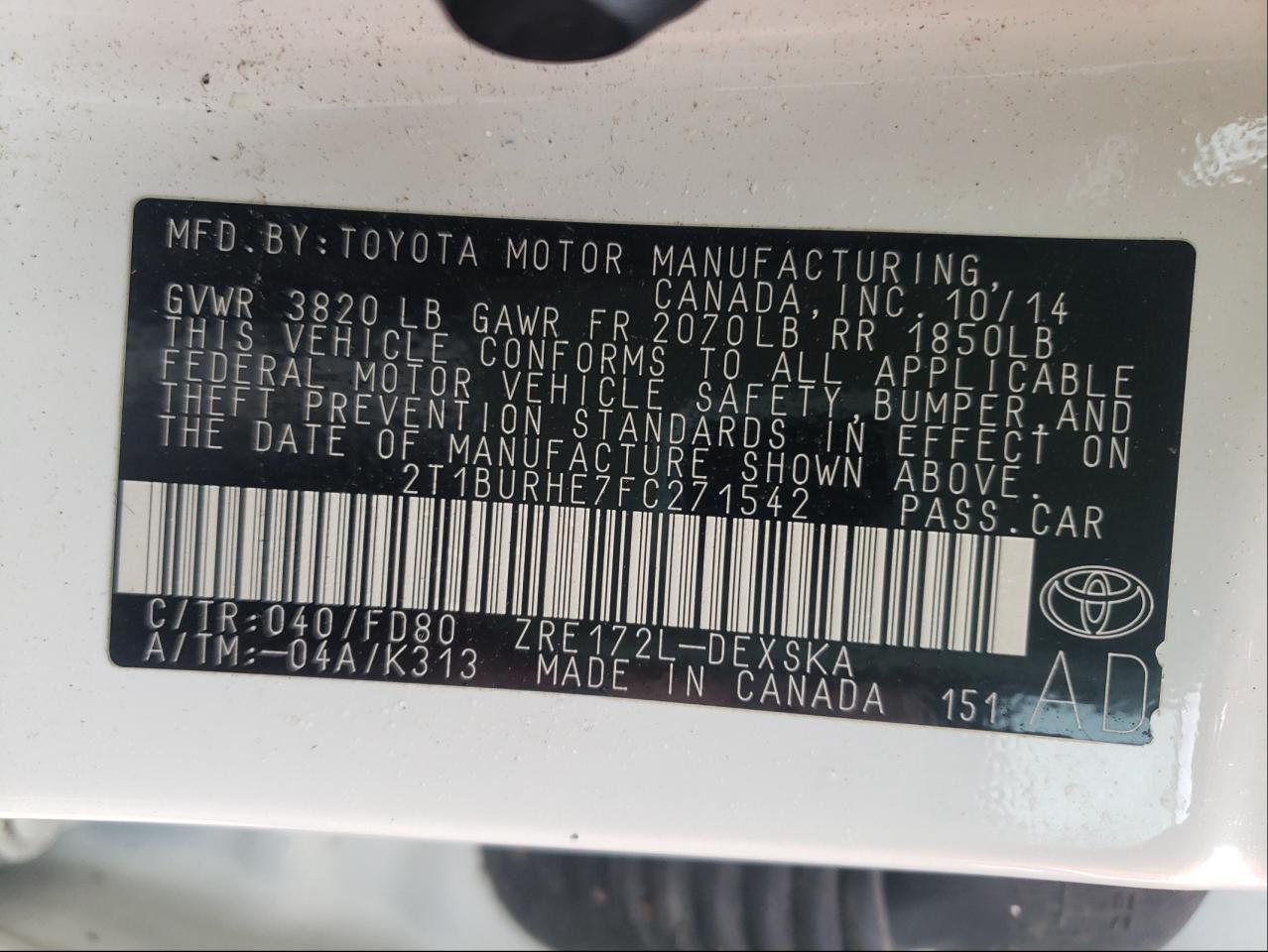 Photo 10 from auction – 2015 TOYOTA COROLLA L with VIN 2T1BURHE7FC271542