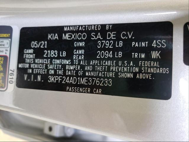 Photo 10 from auction – 2021 KIA FORTE FE with VIN 3KPF24AD1ME376233