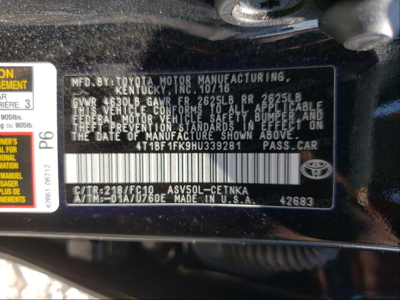 Photo 10 from auction – 2017 TOYOTA CAMRY LE with VIN 4T1BF1FK9HU339281