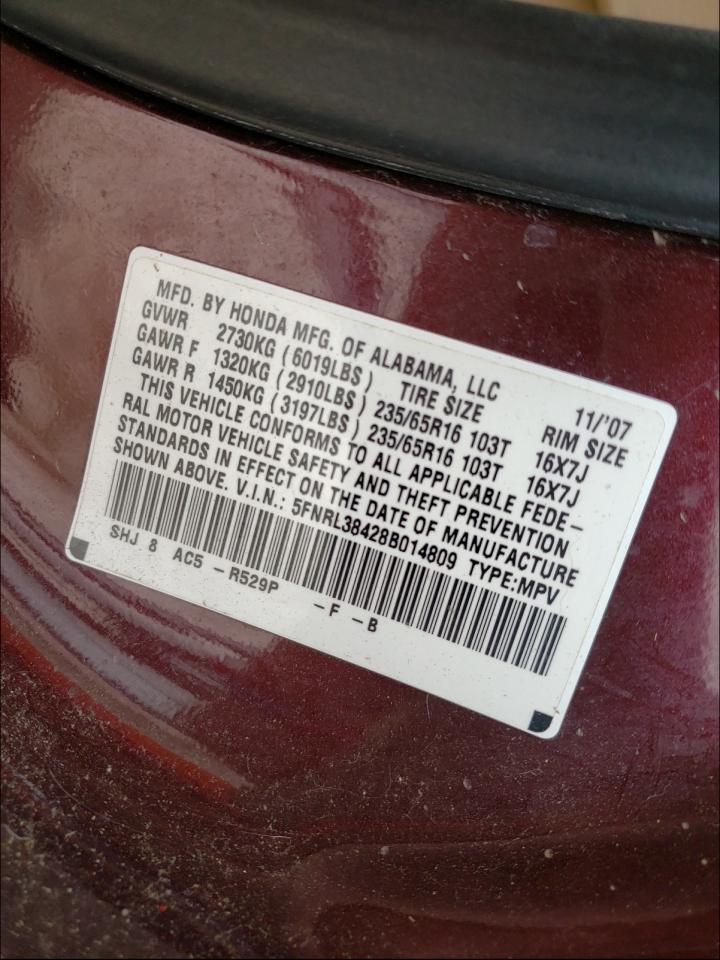 Photo 10 from auction – 2008 HONDA ODYSSEY EX with VIN 5FNRL38428B014809