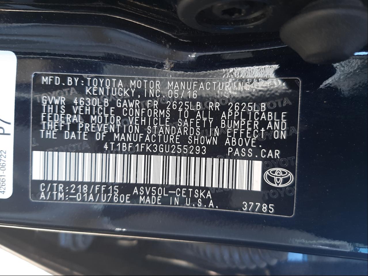 Photo 10 from auction – 2016 TOYOTA CAMRY LE with VIN 4T1BF1FK3GU255293