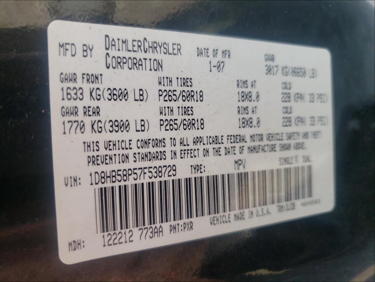 Photo 10 from auction – 2007 DODGE DURANGO LI with VIN 1D8HB58P57F538729