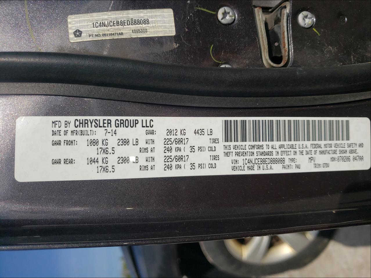 Photo 10 from auction – 2014 JEEP COMPASS LA with VIN 1C4NJCEB8ED888088