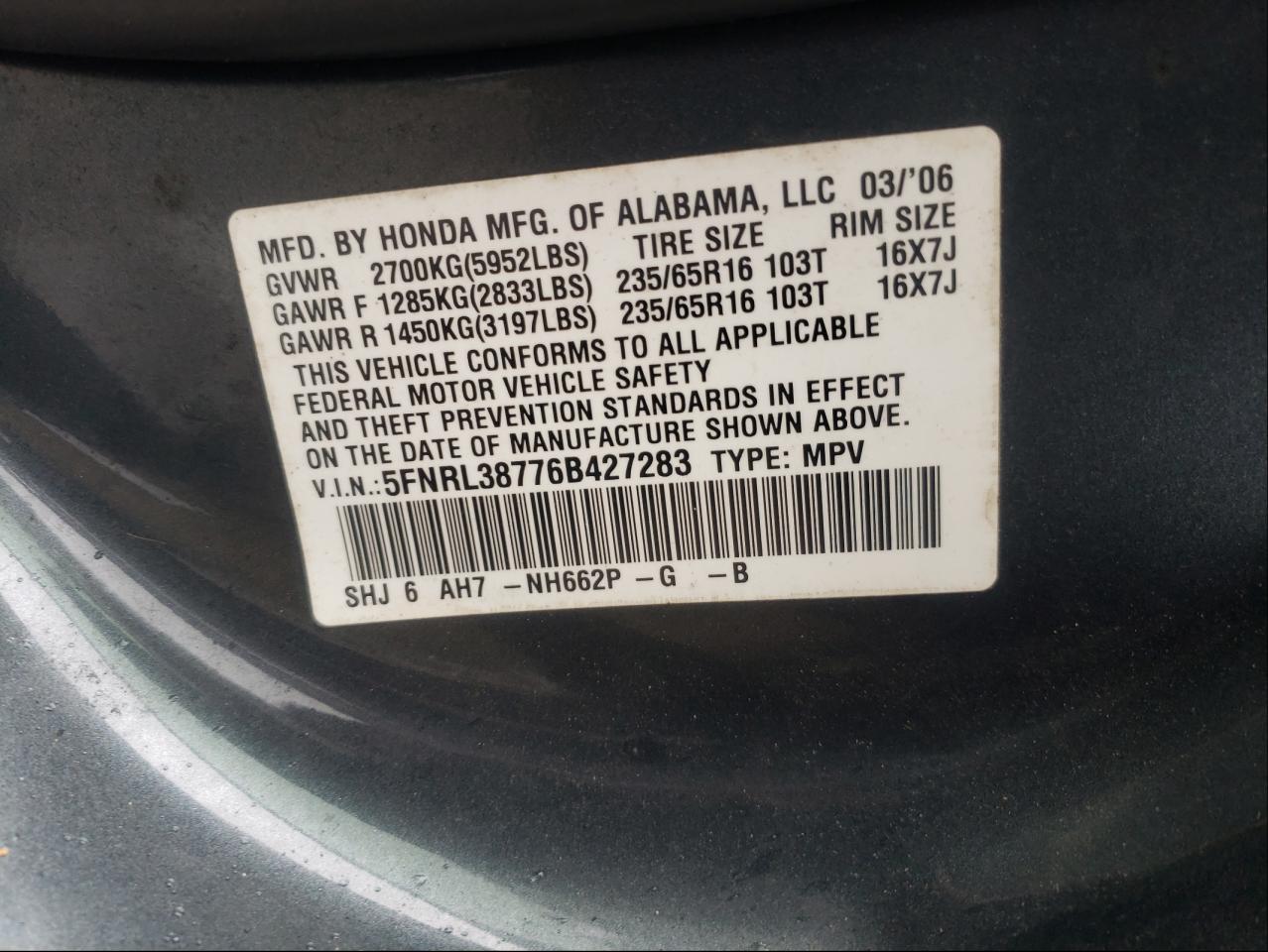 Photo 10 from auction – 2006 HONDA ODYSSEY EX with VIN 5FNRL38776B427283