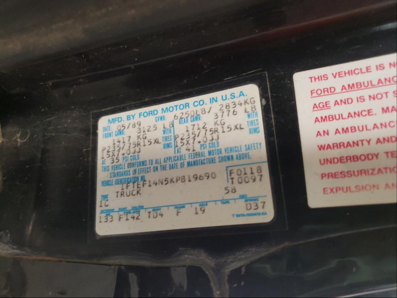 Photo 10 from auction – 1989 FORD F150 with VIN 1FTEF14N5KPB19690