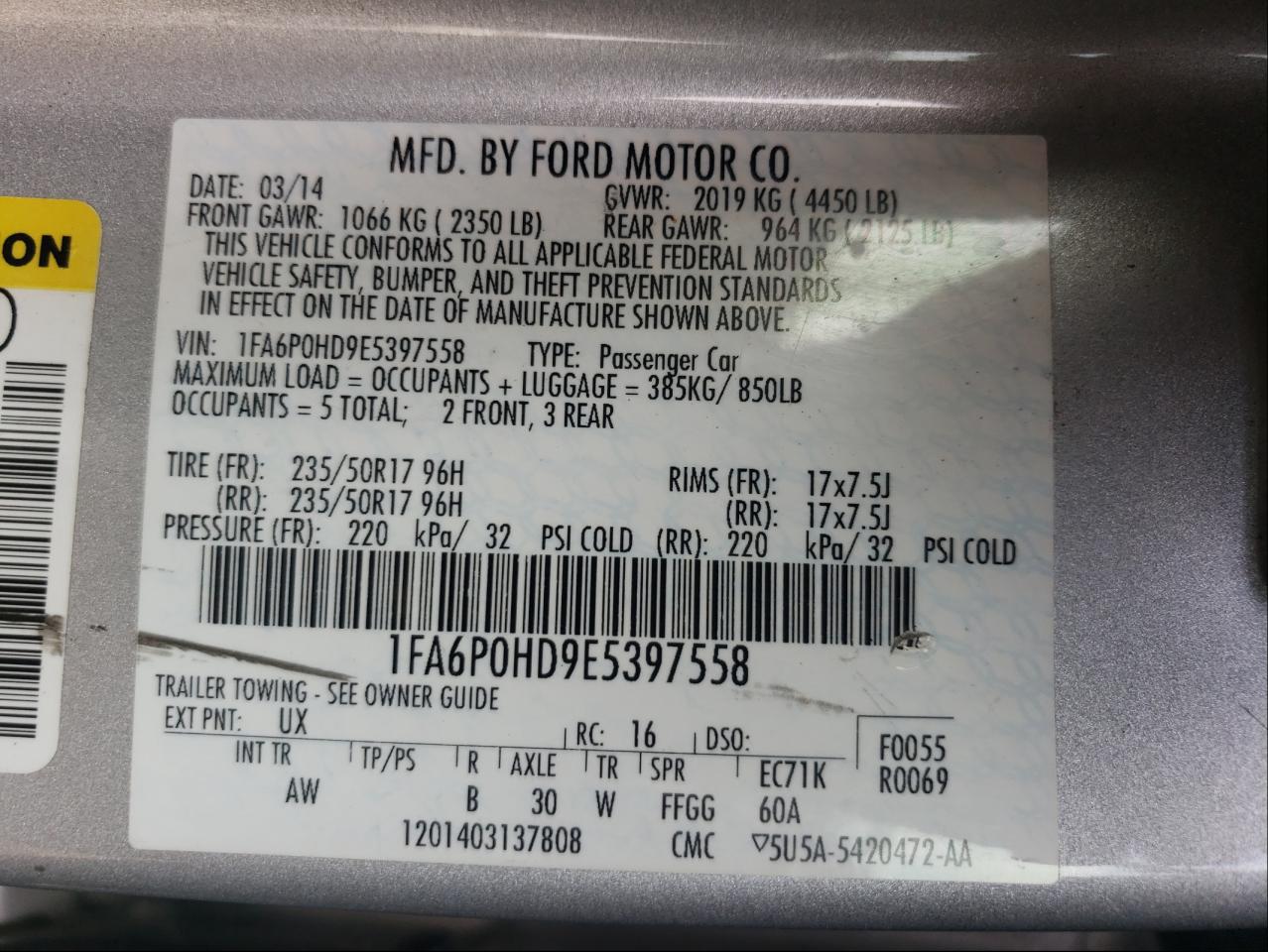 Photo 10 from auction – 2014 FORD FUSION SE with VIN 1FA6P0HD9E5397558