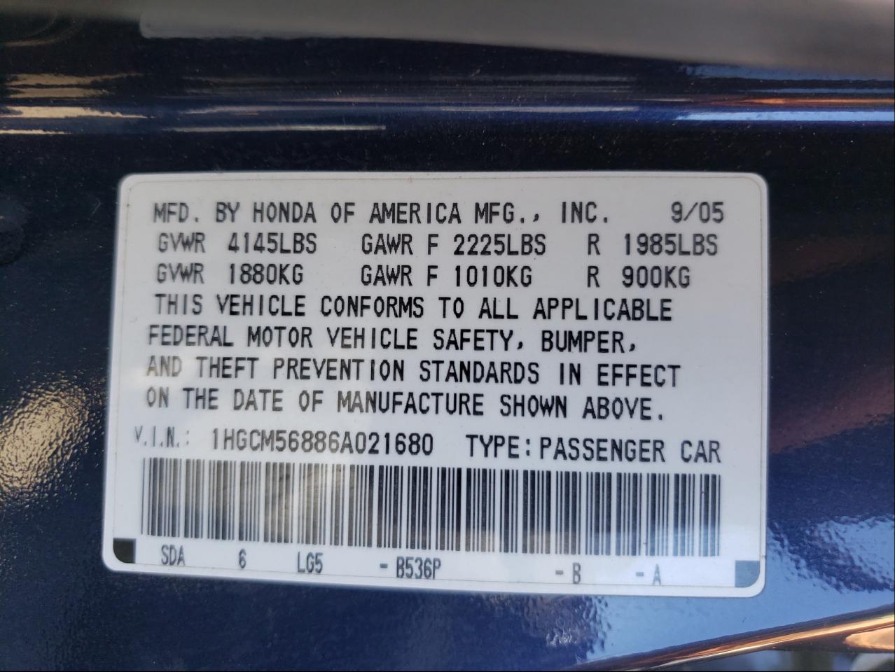 Photo 10 from auction – 2006 HONDA ACCORD with VIN 1HGCM56886A021680