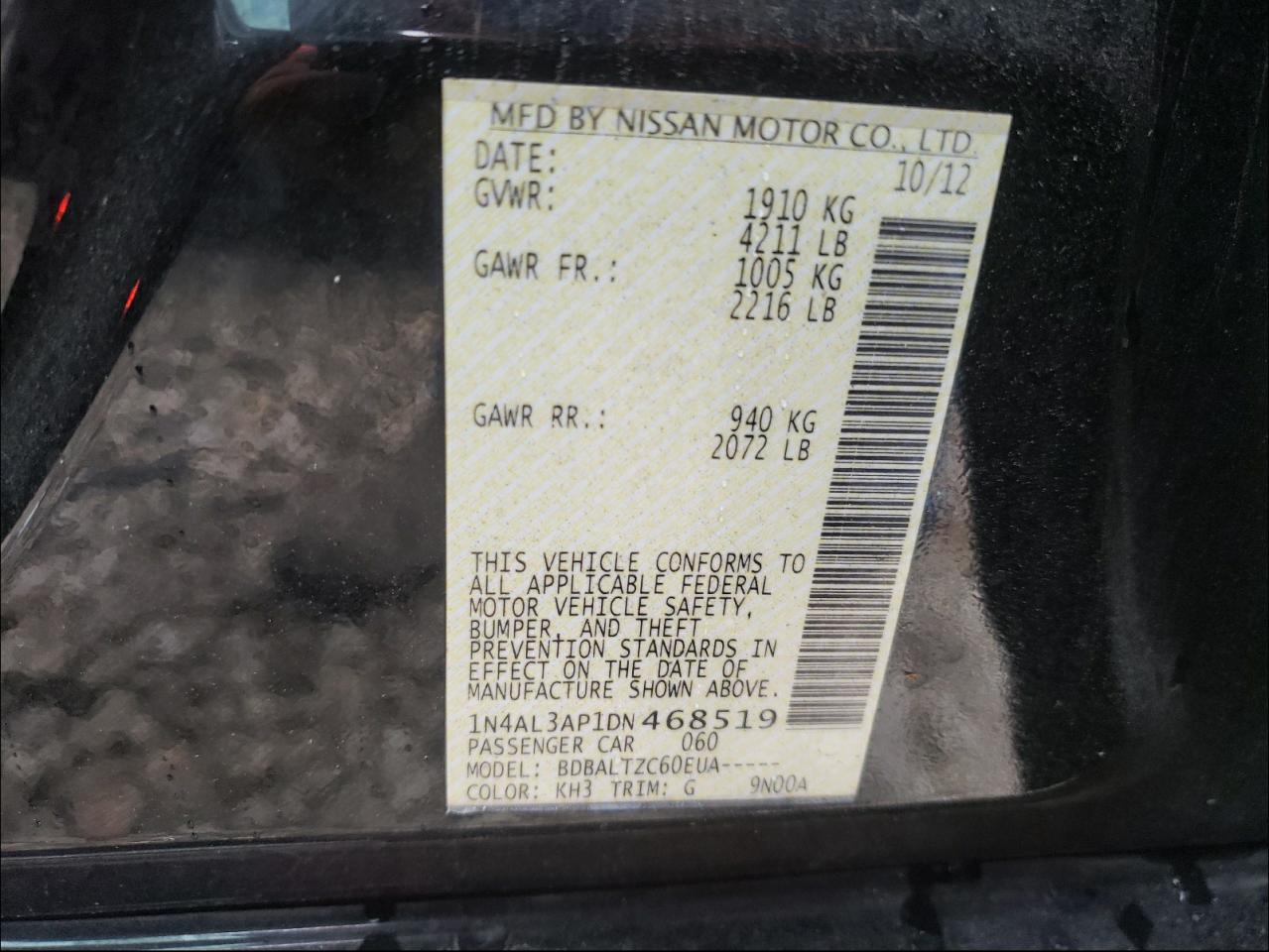 Photo 10 from auction – 2013 NISSAN ALTIMA 2.5 with VIN 1N4AL3AP1DN468519