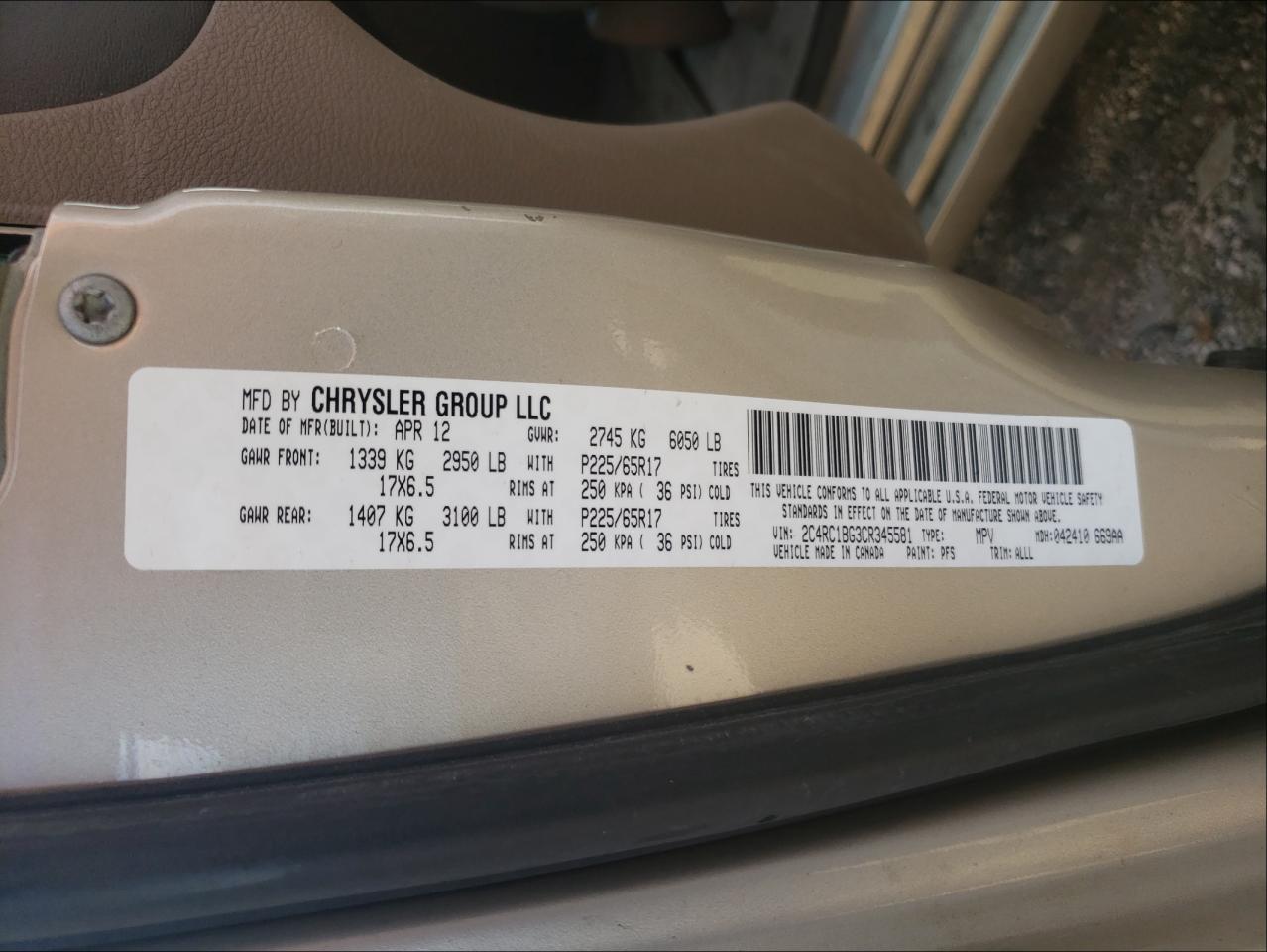 Photo 10 from auction – 2012 CHRYSLER TOWN & COU with VIN 2C4RC1BG3CR345581