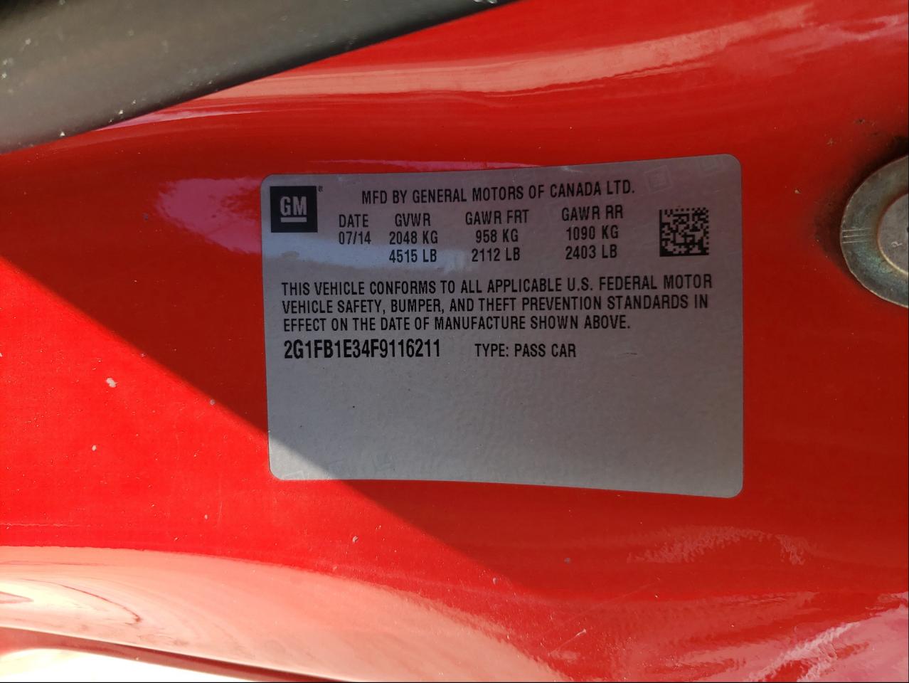 Photo 10 from auction – 2015 CHEVROLET CAMARO LS with VIN 2G1FB1E34F9116211