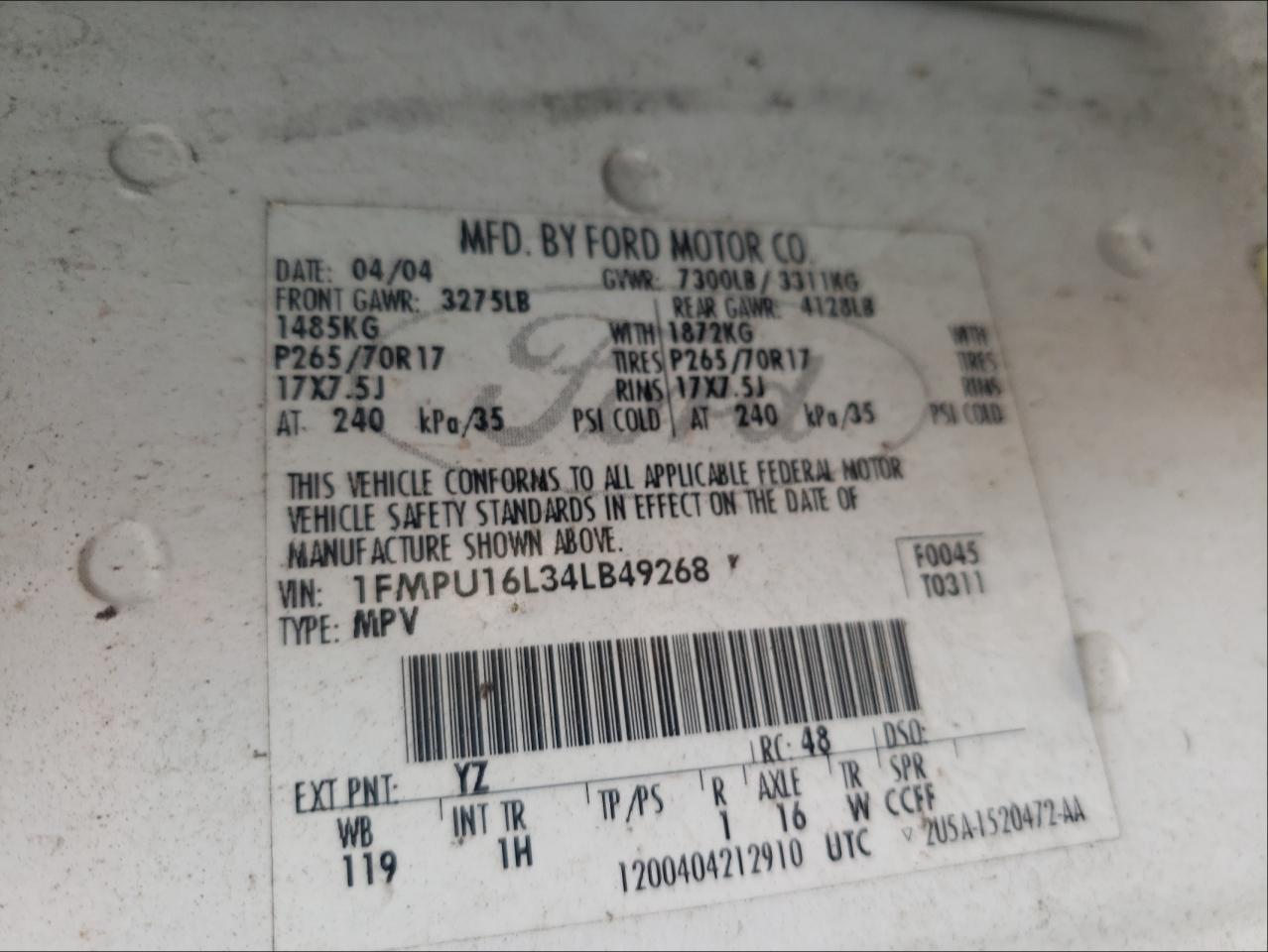 Photo 10 from auction – 2004 FORD EXPEDITION with VIN 1FMPU16L34LB49268
