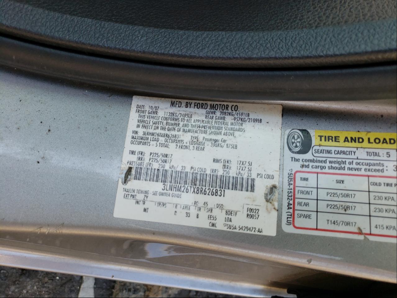 Photo 10 from auction – 2008 LINCOLN MKZ with VIN 3LNHM26TX8R626831