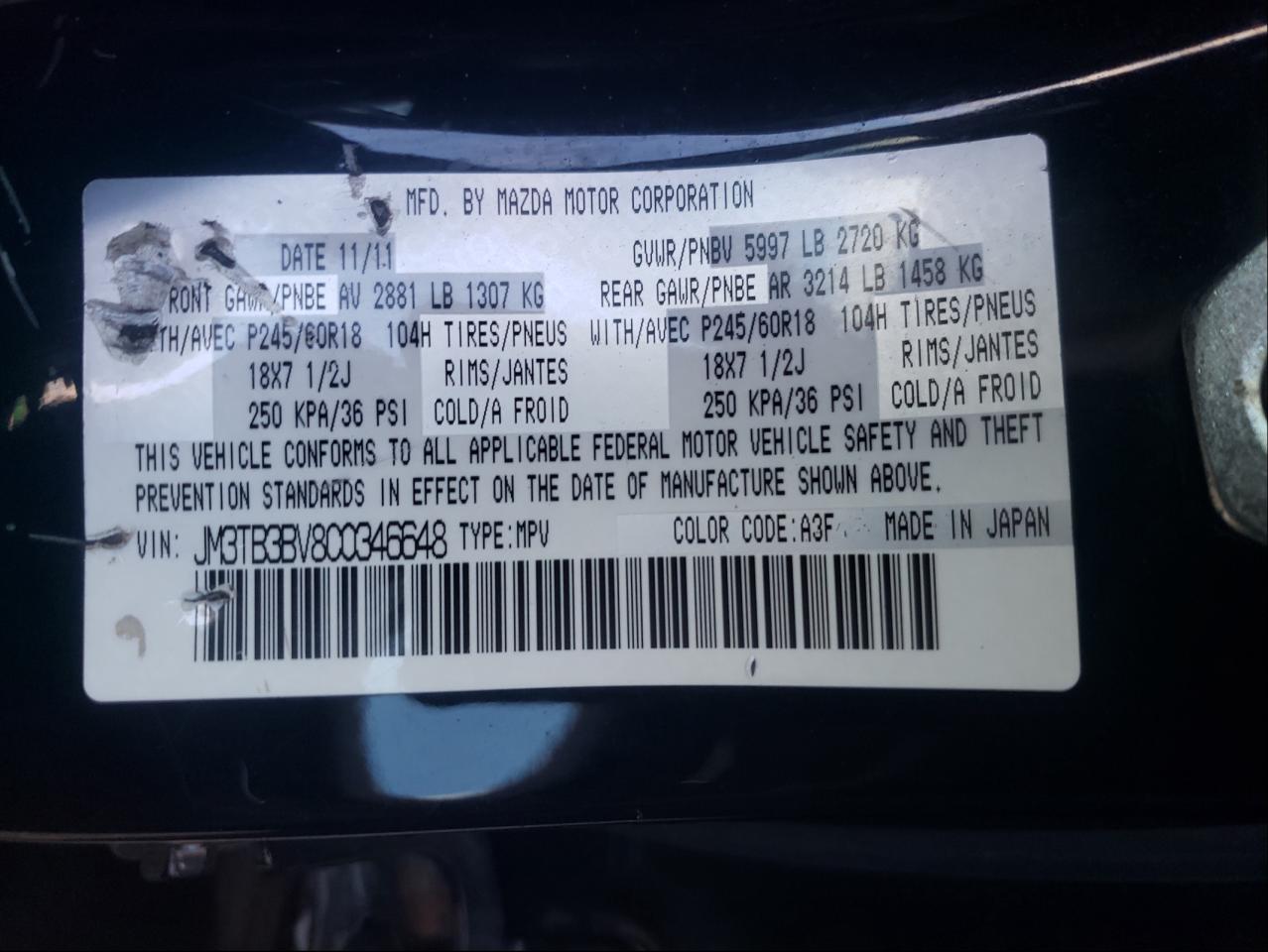 Photo 10 from auction – 2012 MAZDA CX-9 with VIN JM3TB3BV8C0346648