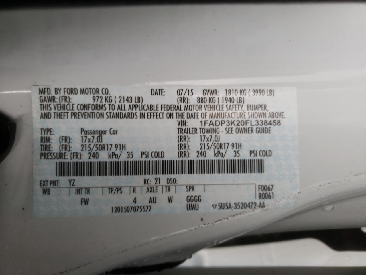 Photo 10 from auction – 2015 FORD FOCUS SE with VIN 1FADP3K20FL338458