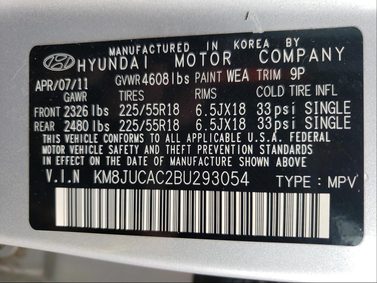 Photo 10 from auction – 2011 HYUNDAI TUCSON GLS with VIN KM8JUCAC2BU293054