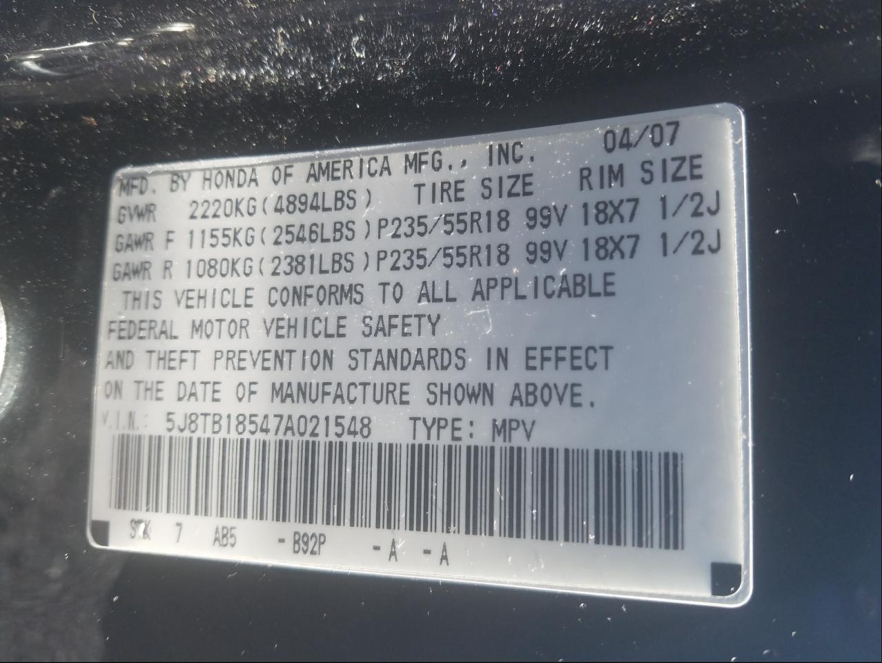 Photo 10 from auction – 2007 ACURA RDX TECHNO with VIN 5J8TB18547A021548