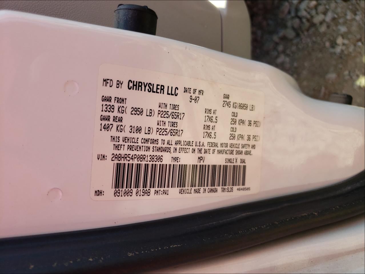 Photo 10 from auction – 2008 CHRYSLER TOWN & COU with VIN 2A8HR54P08R138306