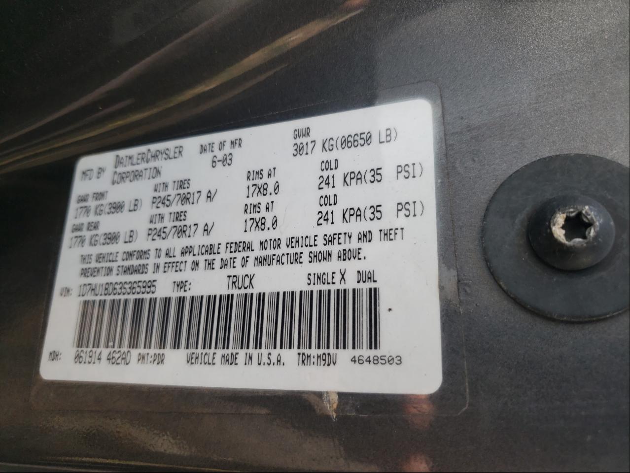 Photo 10 from auction – 2003 DODGE RAM 1500 S with VIN 1D7HU18D63S365995