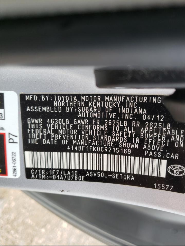 Photo 10 from auction – 2012 TOYOTA CAMRY BASE with VIN 4T4BF1FK0CR215169