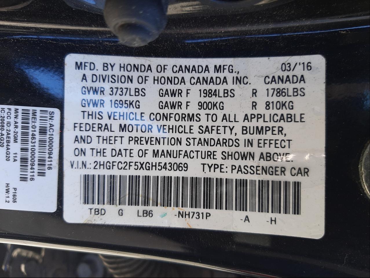 Photo 10 from auction – 2016 HONDA CIVIC LX with VIN 2HGFC2F5XGH543069