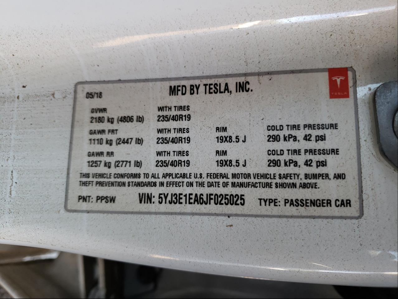 Photo 10 from auction – 2018 TESLA MODEL 3 with VIN 5YJ3E1EA6JF025025