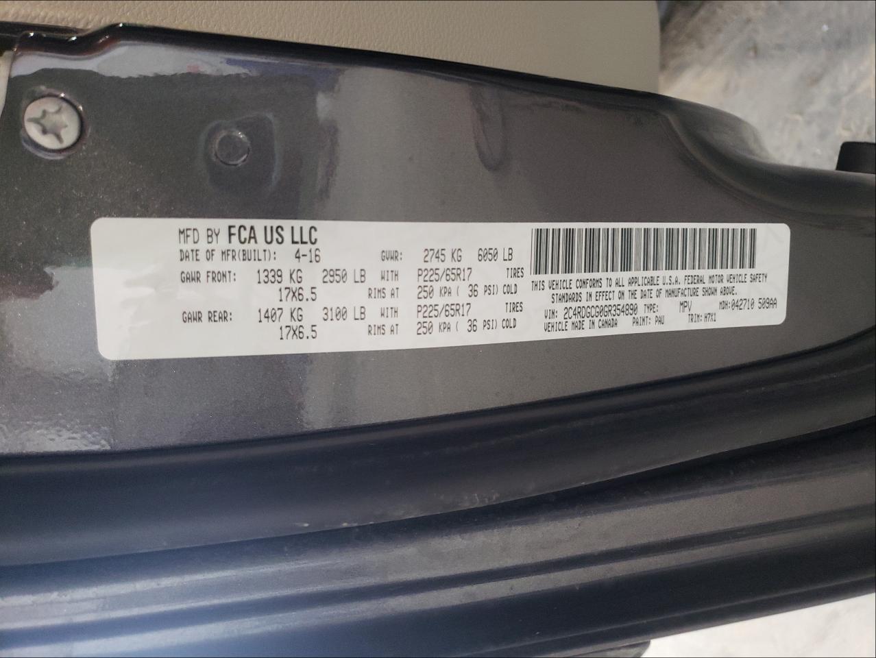 Photo 10 from auction – 2016 DODGE GRAND CARA with VIN 2C4RDGCG0GR354890