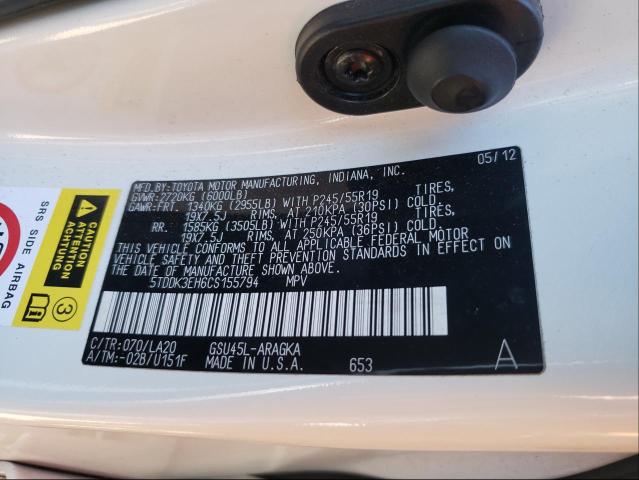 Photo 10 from auction – 2012 TOYOTA HIGHLANDER with VIN 5TDDK3EH6CS155794