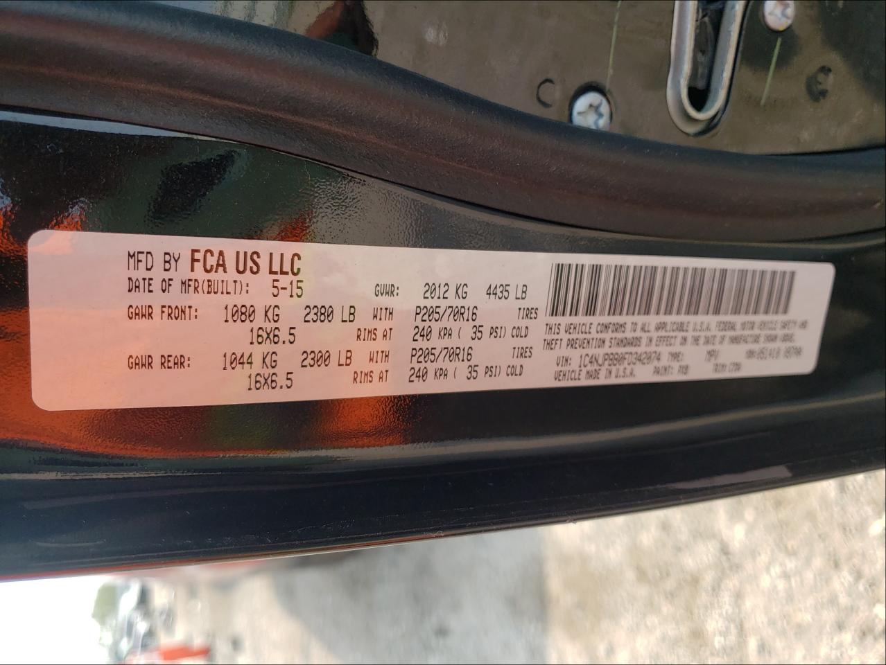 Photo 10 from auction – 2015 JEEP PATRIOT SP with VIN 1C4NJPBB0FD342074