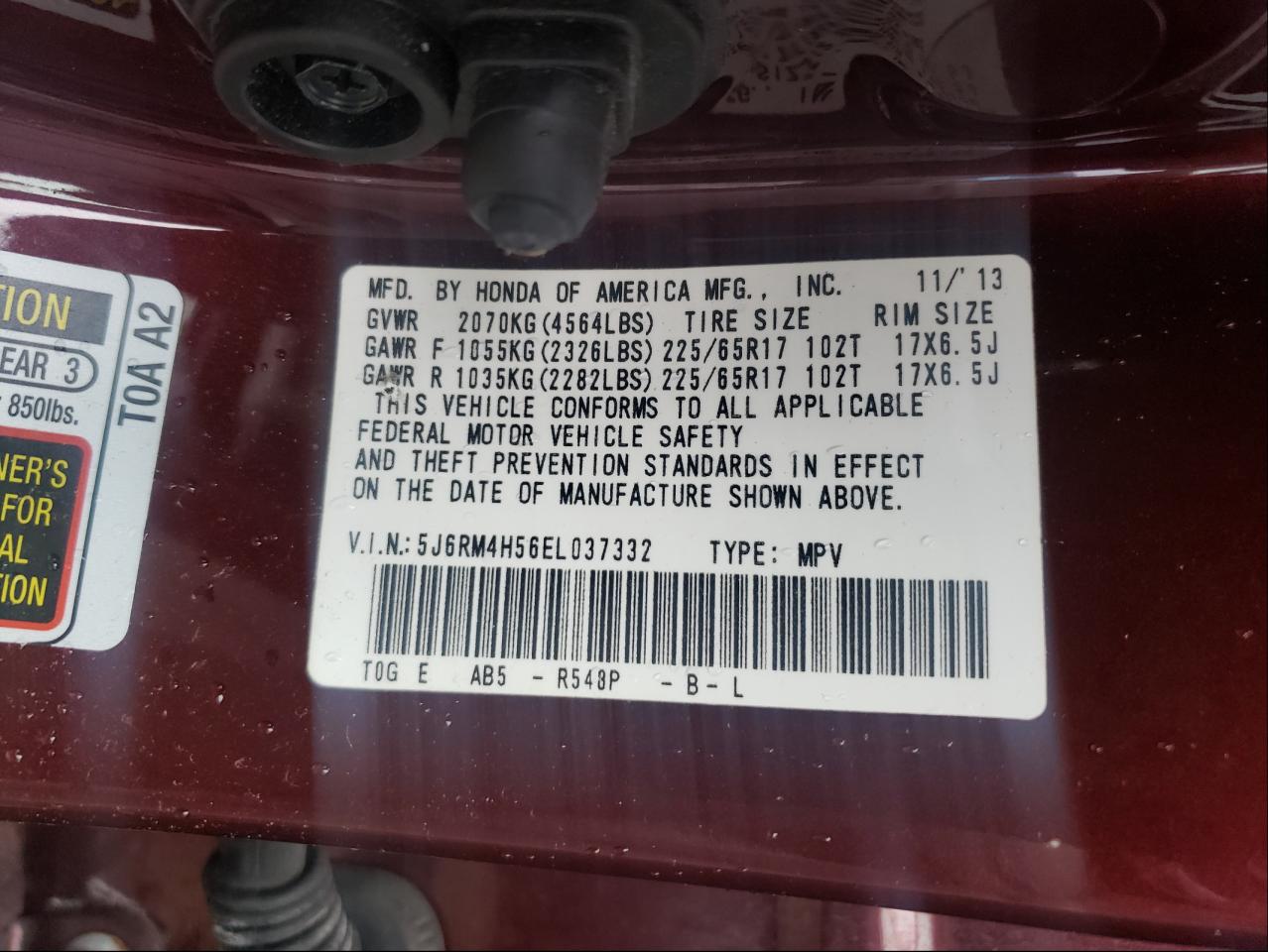 Photo 10 from auction – 2014 HONDA CR-V EX with VIN 5J6RM4H56EL037332