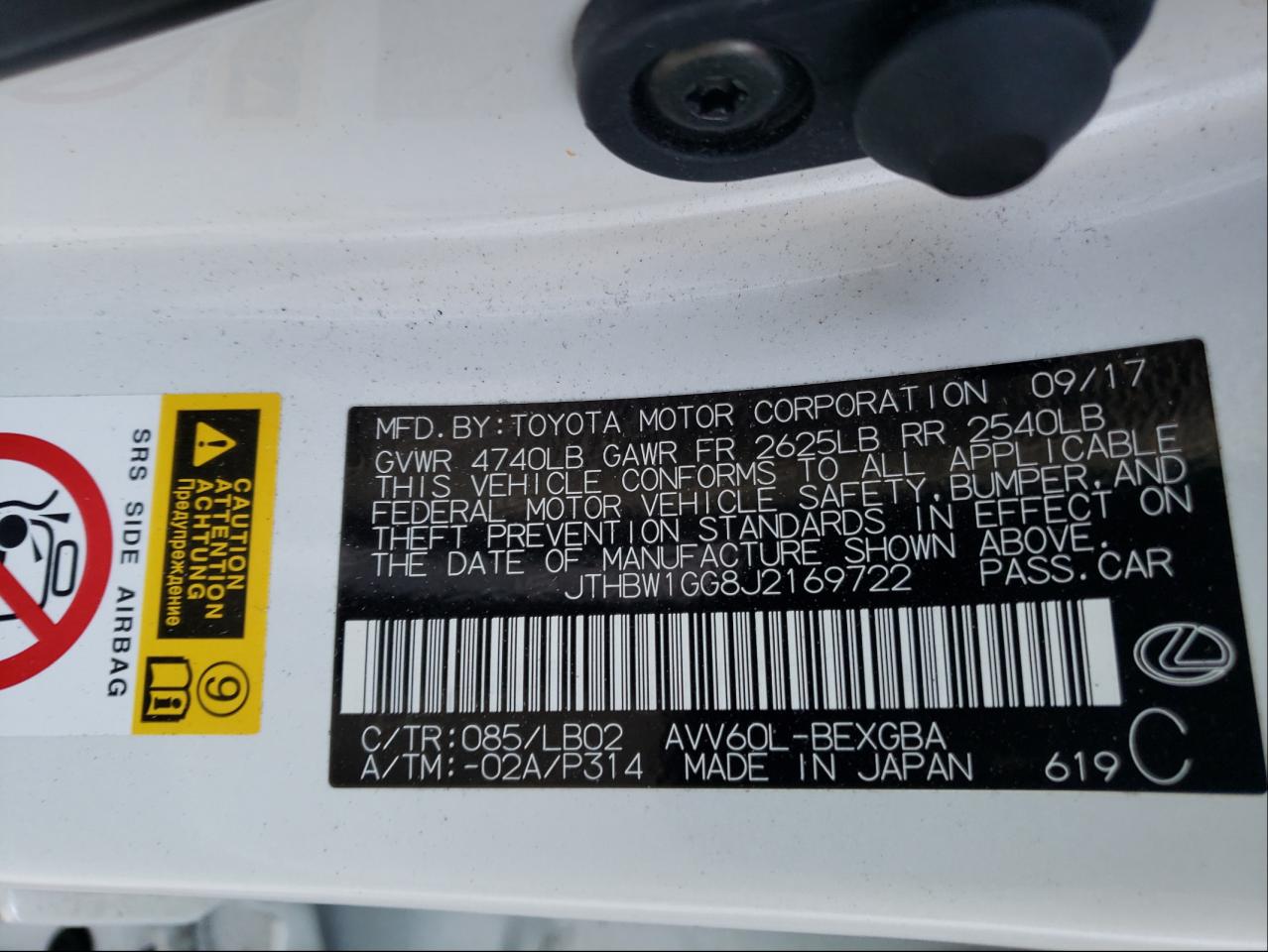 Photo 10 from auction – 2018 LEXUS ES 300H with VIN JTHBW1GG8J2169722