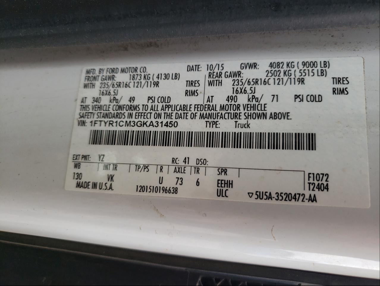Photo 10 from auction – 2016 FORD TRANSIT T- with VIN 1FTYR1CM3GKA31450