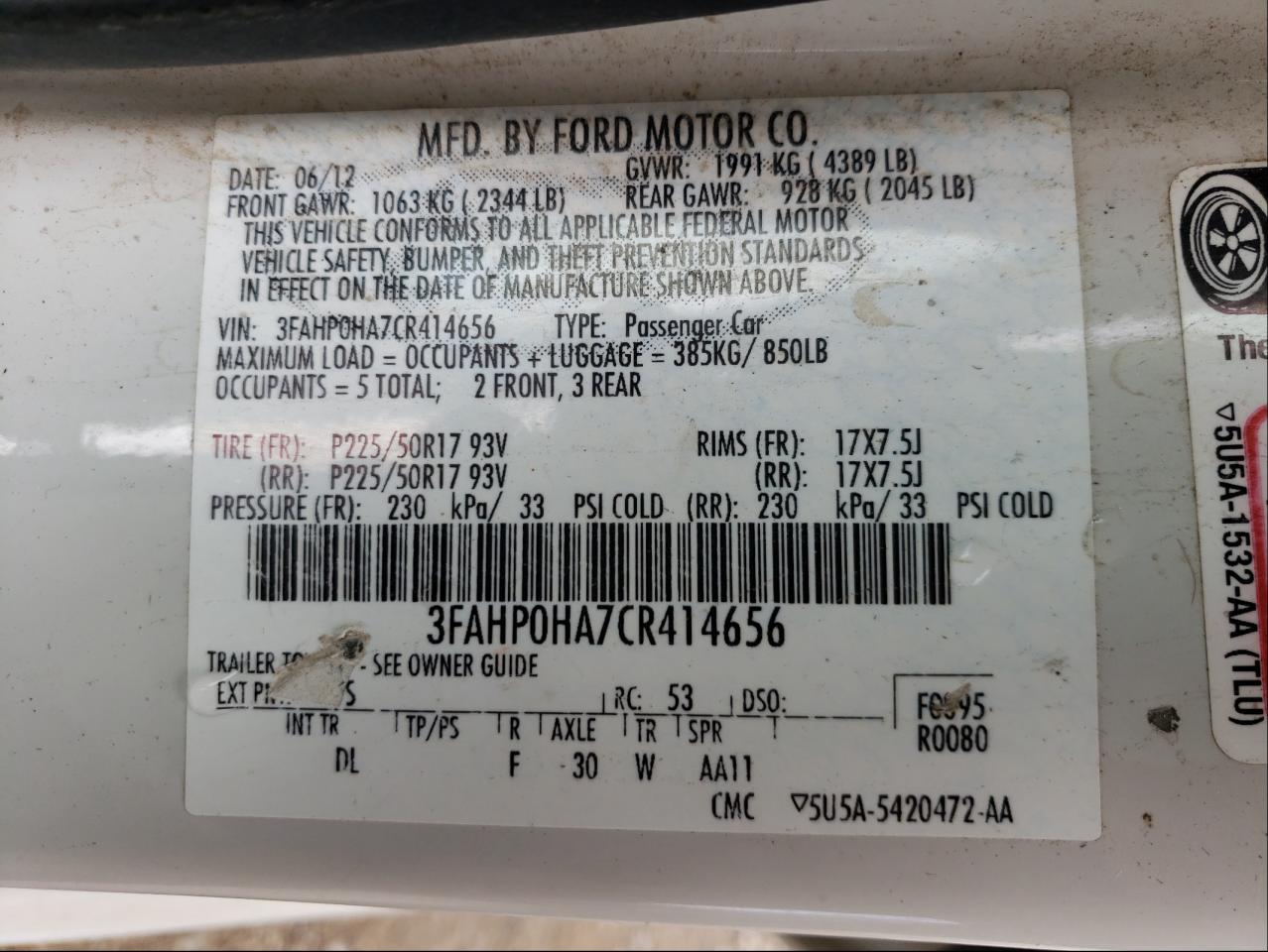 Photo 10 from auction – 2012 FORD FUSION SE with VIN 3FAHP0HA7CR414656