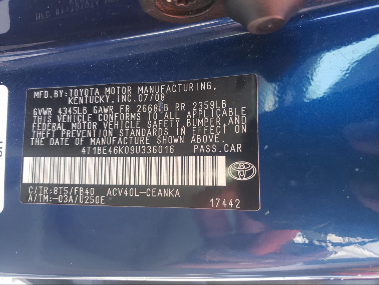 Photo 10 from auction – 2009 TOYOTA CAMRY BASE with VIN 4T1BE46K09U336016