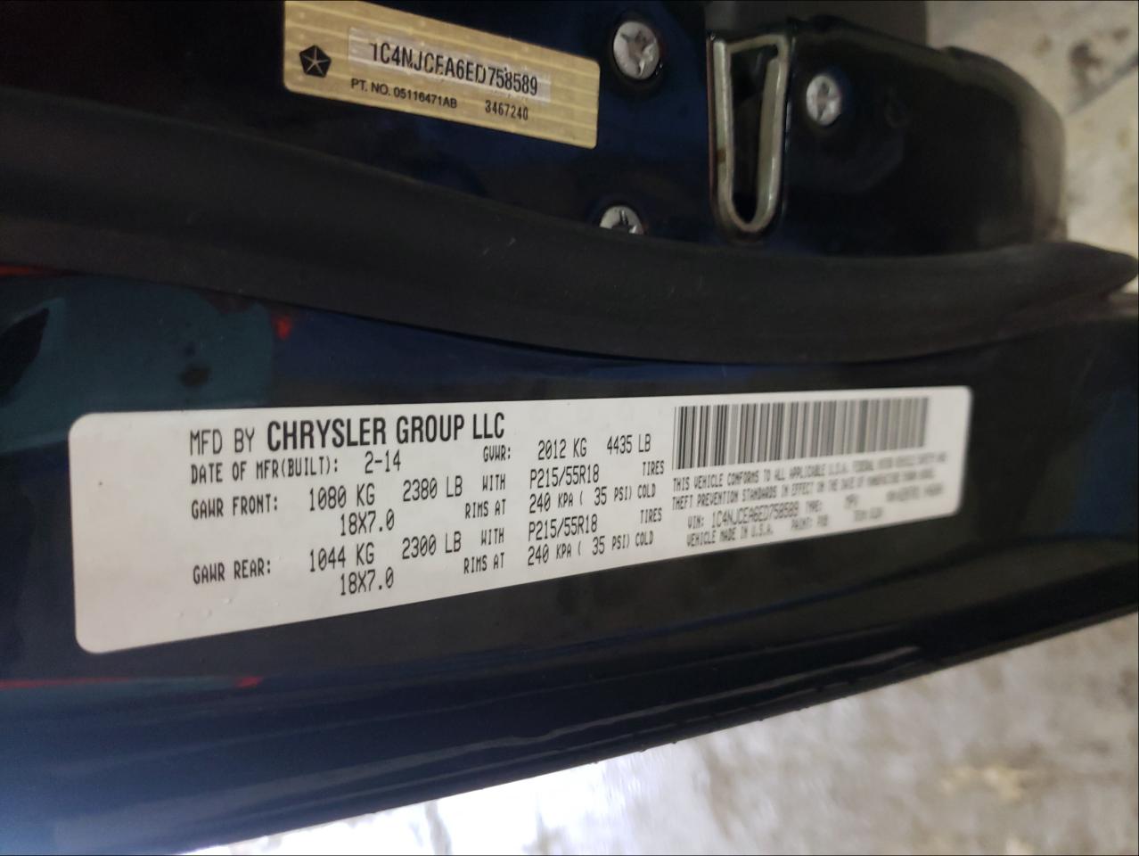 Photo 10 from auction – 2014 JEEP COMPASS LA with VIN 1C4NJCEA6ED758589