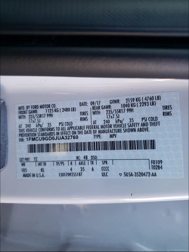 Photo 10 from auction – 2018 FORD ESCAPE SE with VIN 1FMCU9GD0JUA32760