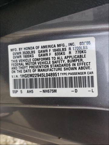 Photo 10 from auction – 2005 HONDA CIVIC EX with VIN 1HGEM22945L048951