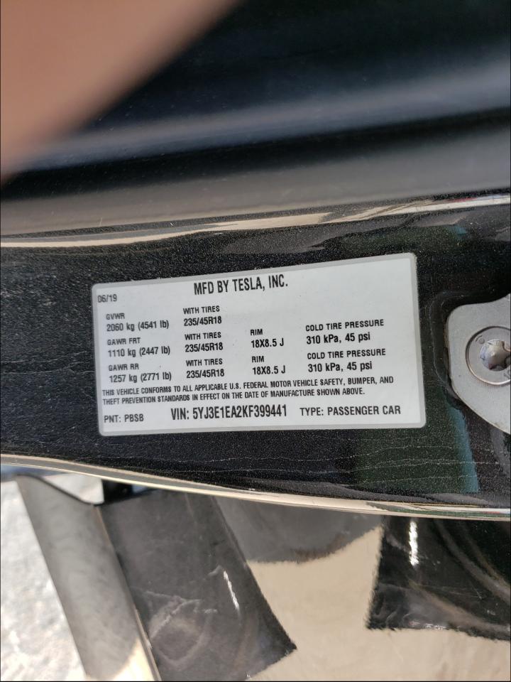 Photo 10 from auction – 2019 TESLA MODEL 3 with VIN 5YJ3E1EA2KF399441
