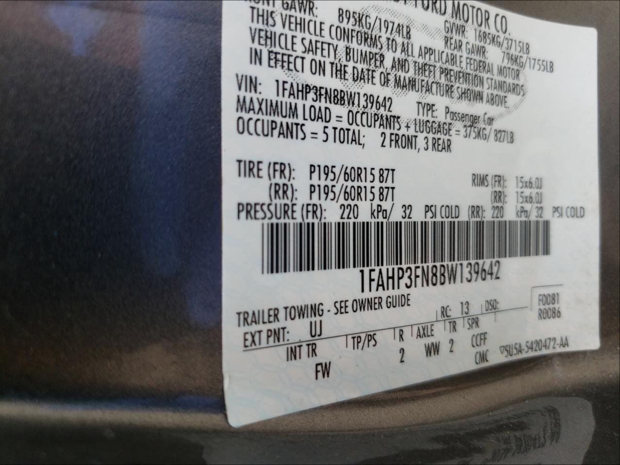 Photo 10 from auction – 2011 FORD FOCUS SE with VIN 1FAHP3FN8BW139642