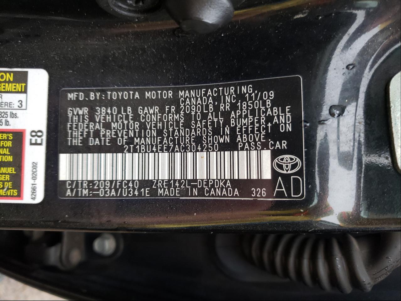 Photo 10 from auction – 2010 TOYOTA COROLLA BA with VIN 2T1BU4EE7AC304250
