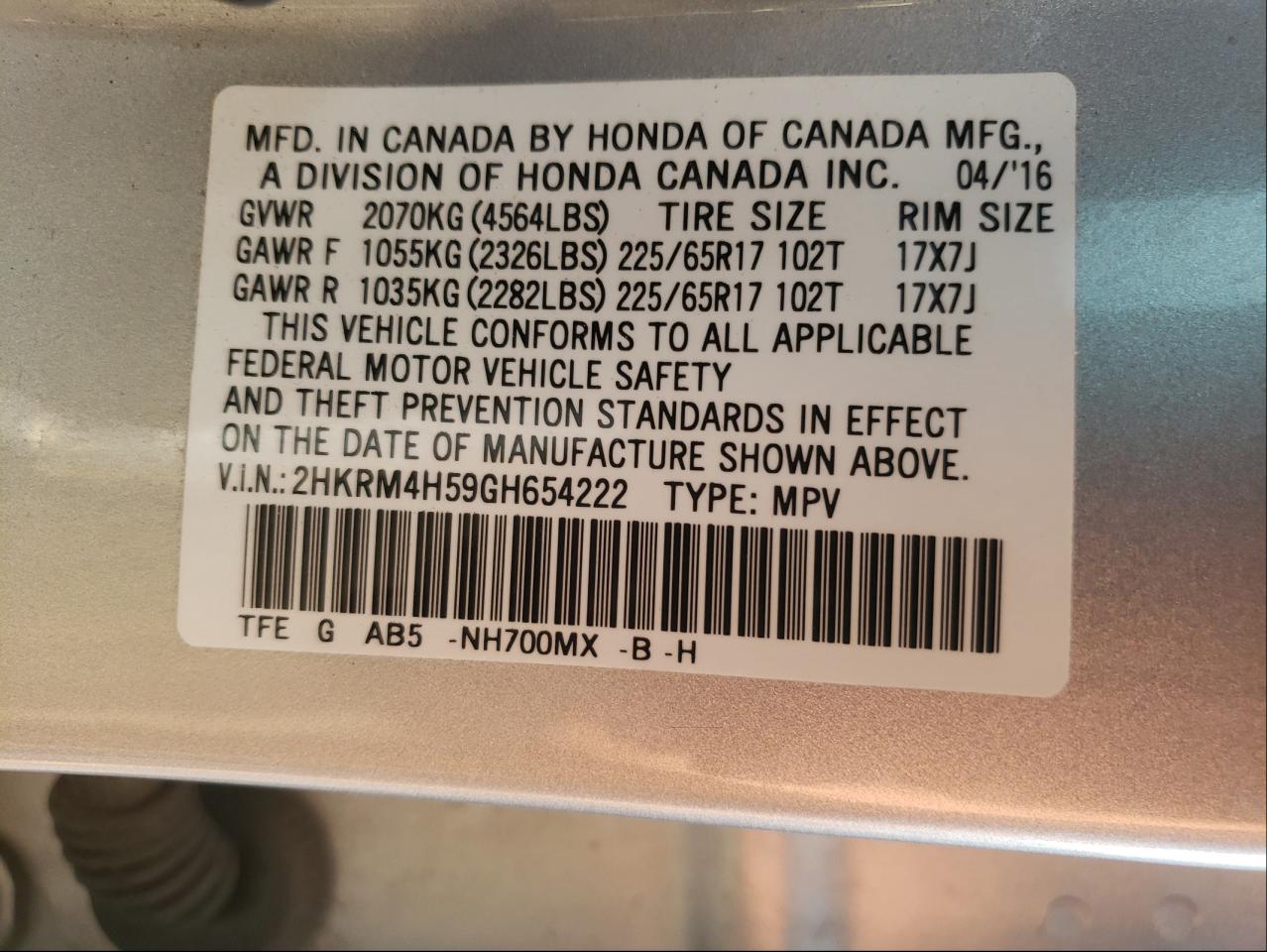 Photo 10 from auction – 2016 HONDA CR-V EX with VIN 2HKRM4H59GH654222