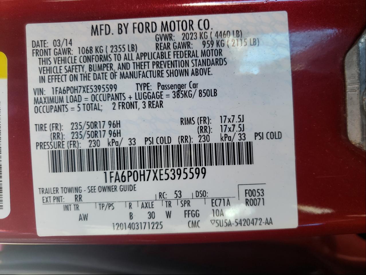 Photo 10 from auction – 2014 FORD FUSION SE with VIN 1FA6P0H7XE5395599