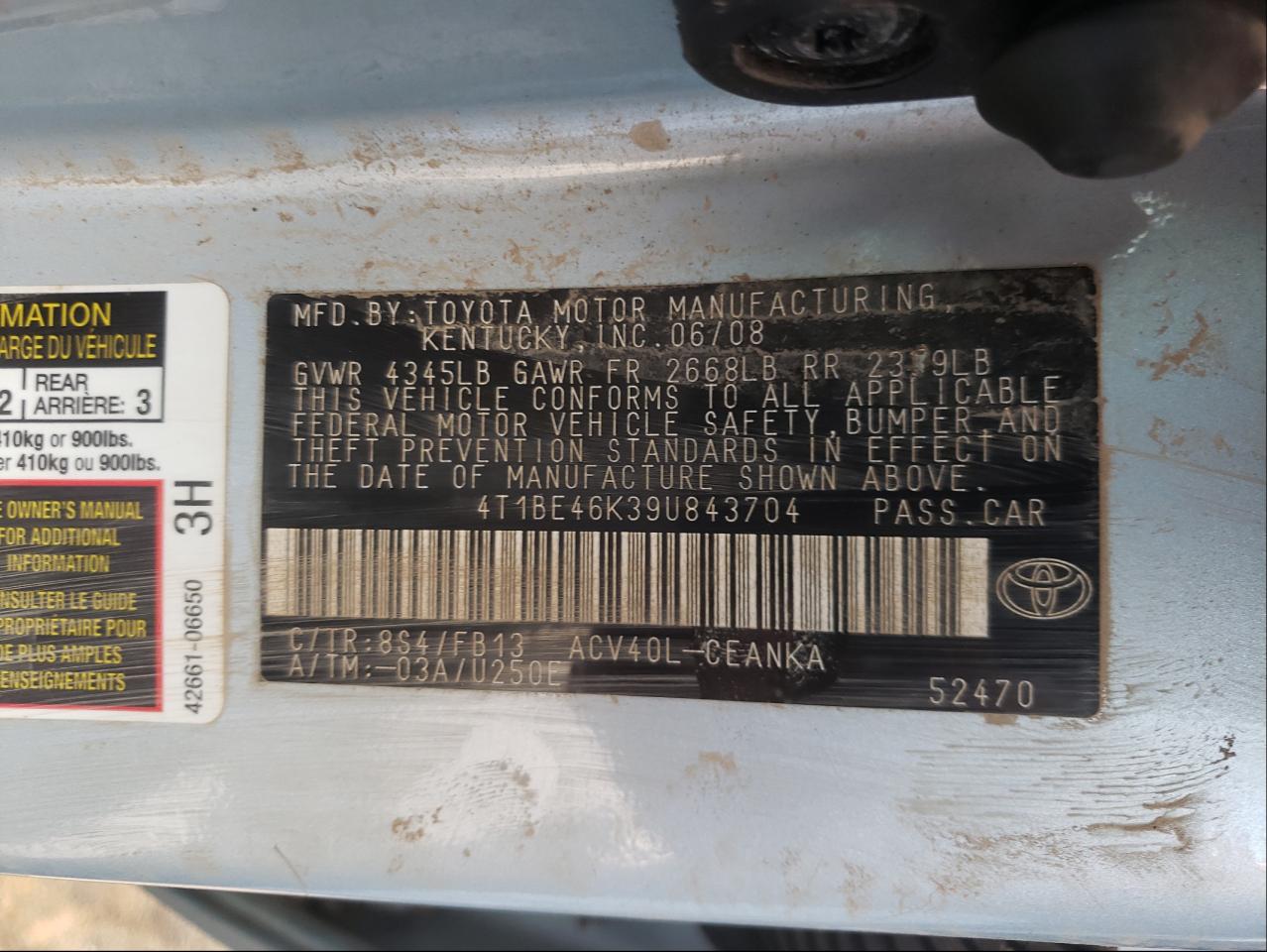 Photo 10 from auction – 2009 TOYOTA CAMRY BASE with VIN 4T1BE46K39U843704