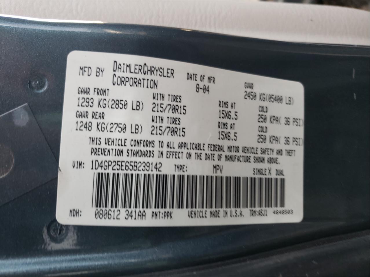 Photo 10 from auction – 2005 DODGE CARAVAN SE with VIN 1D4GP25E65B239142