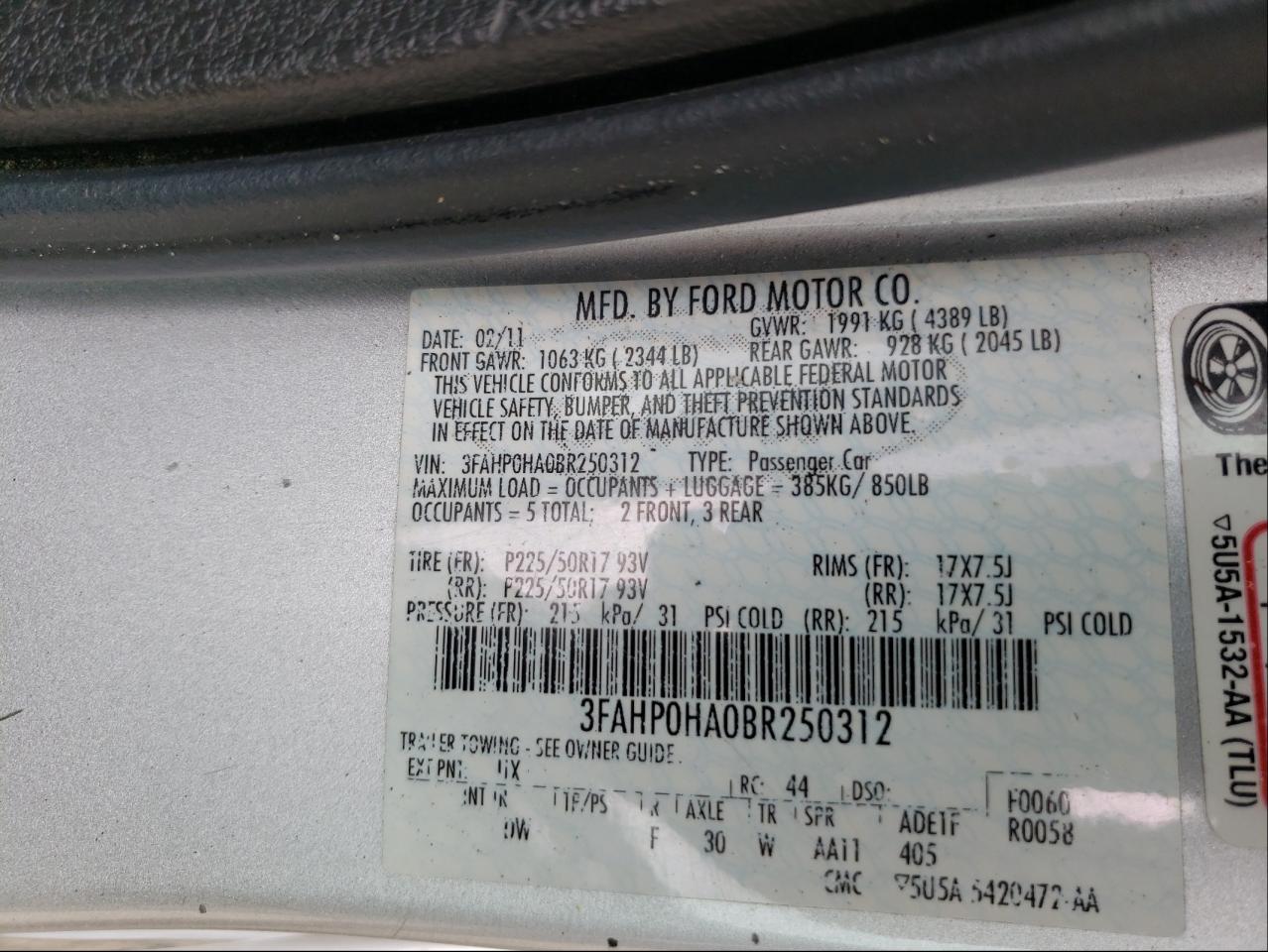 Photo 10 from auction – 2011 FORD FUSION with VIN 3FAHP0HA0BR250312