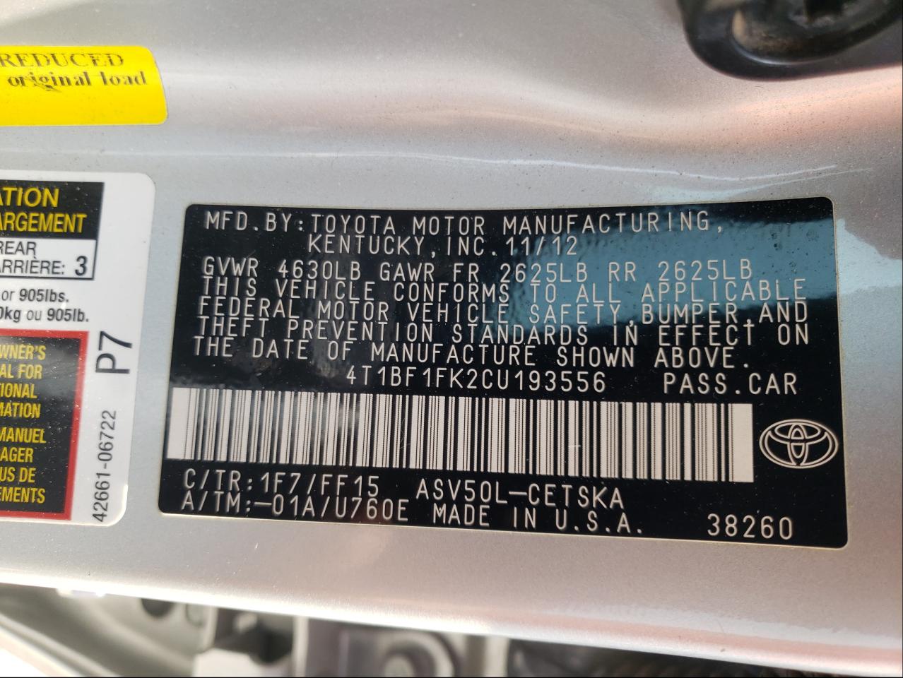 Photo 10 from auction – 2012 TOYOTA CAMRY BASE with VIN 4T1BF1FK2CU193556